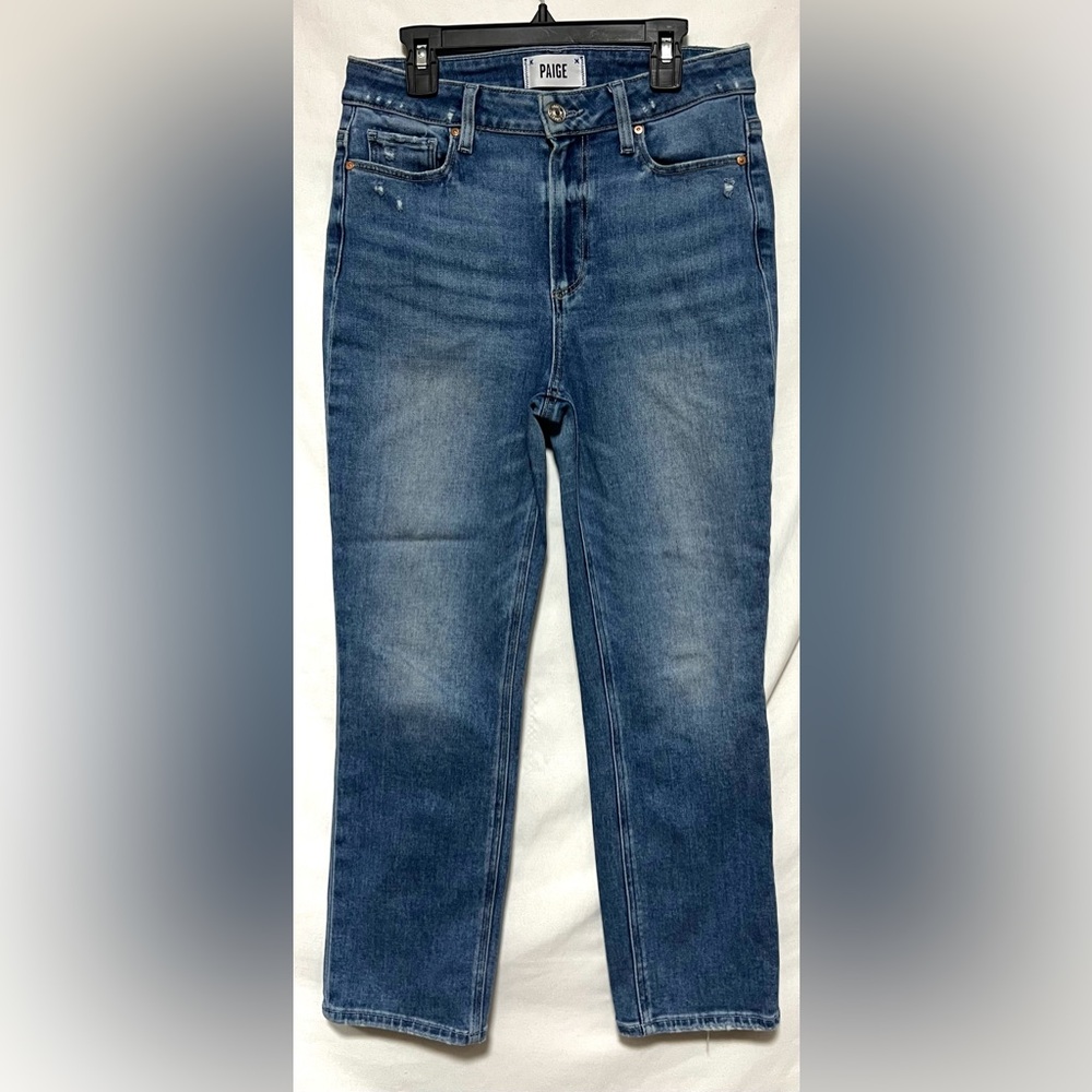 PAIGE Petite Cindy Crop Denim Straight Leg Jeans Medium Wash High Rise Classic - Picture 3 of 11